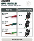 Aluminum and copper compatibility chart for Pro Grade Two Port Electric Wire Connectors. Demonstrates wire sizes and connection options.