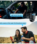 4G LTE Wireless Dash Cam With Front And Interior Cameras, Remote Live View, voice alert for safety, couple using phones.