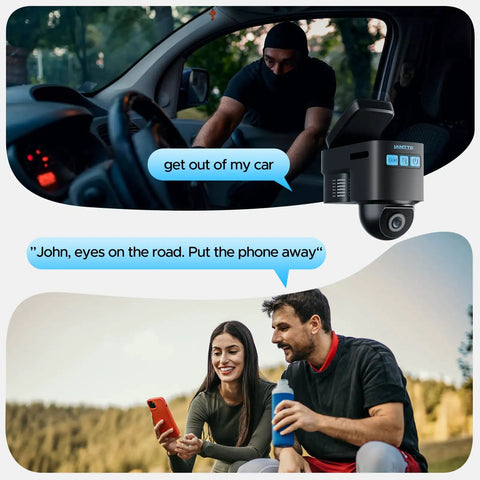 4G LTE Wireless Dash Cam With Front And Interior Cameras, Remote Live View, voice alert for safety, couple using phones.
