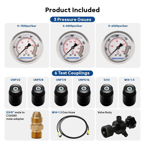 Pro Grade Nitrogen Accumulator Charging Kit With Three Precision Gauges 1500 To 6000 PSI Six Universal Adapters Including M28x1.5 And UNF 5/8 And 1/2 Heavy Duty Hydraulic Tool Set For Pressure Testing