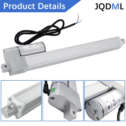 JQDML 16-inch 12V linear actuator with mounting bracket, side view, silver aluminum body