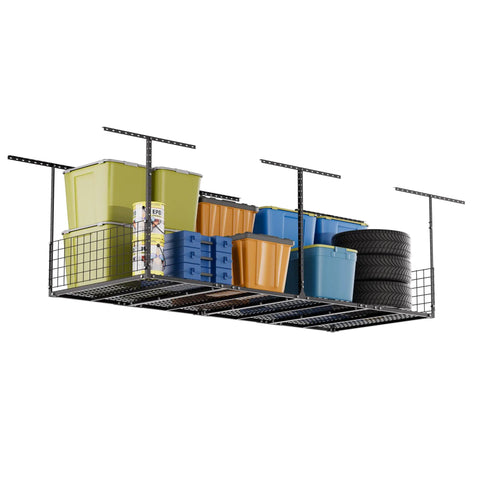 Badass Carbon Steel Overhead Garage Storage Rack Adjustable Ceiling Mount Shelf Six Hundred Pound Capacity Black Finish For Top Shelf Home Organization That Will Straight Up Streamline Your Gear Setup Without Any Stress