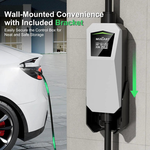 Road Trip Ready Portable EV Charger With 32 Amp Level Two Fast Charge Power Via 240 Volt NEMA 14-50 Socket For Tesla Models S X 3 Y And All NACS Rides Built Tough Plug And Play Ease with wall mount and charging cable.