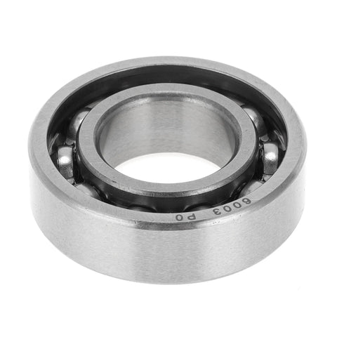 Close-up of a 6003 deep groove ball bearing, open type, 17x35x10 mm, lubricated, silver-tone.