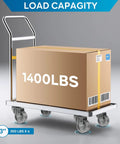 Heavy duty steel casters with 1400 lb capacity, showing a cart loaded with a box on industrial wheels. Ideal for durable and reliable support.