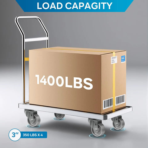 Heavy duty steel casters with 1400 lb capacity, showing a cart loaded with a box on industrial wheels. Ideal for durable and reliable support.