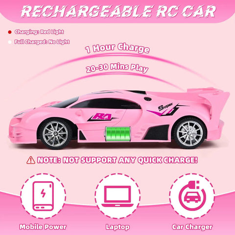 Pink Remote Control Car For Girls With Rechargeable Battery High Speed Drift RC Toy One Eighteenth Scale Dazzling Headlights