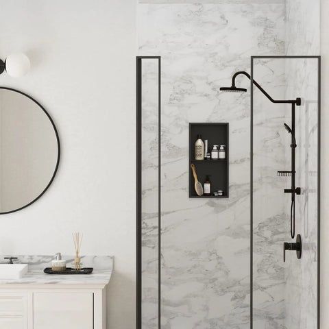 Matte Black Shower Niche Shelf 12 X 24 Inches, Ultra Thin 3mm Shelf, 304 Stainless Steel Construction, installed in bathroom