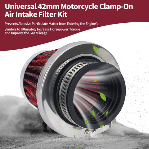 Universal 42mm Air Filter for Pod and 150cc to 250cc motorcycles and ATVs, dust protection and airflow enhancement, close-up view