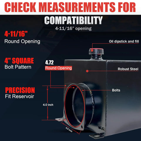 15 Quart Metal Square Hydraulic Reservoir For Power Units Replacement Tank With Precise Fit And 4 Inch Square Bolt Pattern Ideal Hydraulic System Upgrade Or Replacement, showing compatibility measurements and round opening details.