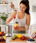 Woman making smoothie with Replacement 32oz Blender Cups Set For 600W And Pro 900W High Speed Blenders 2 Pack Eco Friendly BPA Free Plastic