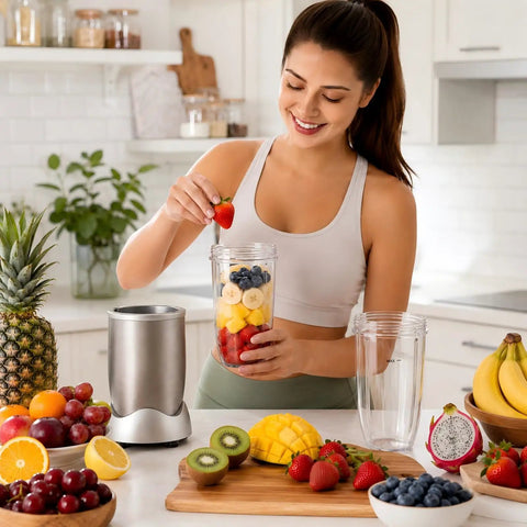 Woman making smoothie with Replacement 32oz Blender Cups Set For 600W And Pro 900W High Speed Blenders 2 Pack Eco Friendly BPA Free Plastic