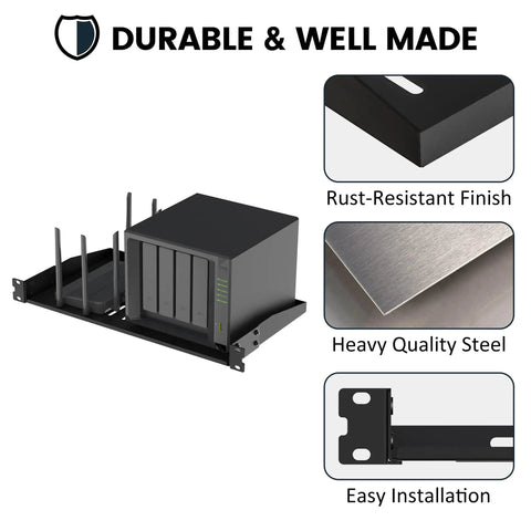 Rock Solid 1U Server Rack Shelves 2 Pack Heavy Duty 19 Inch Vented Cantilever Trays for secure network setup with a NAS.
