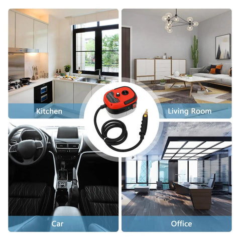 Heavy Duty 2500W Handheld Steam Cleaner With High Temperature High Pressure For Kitchen Appliances Range Hoods And AC Vents, Portable Electric Steam Cleaning Machine For Deep Cleaning, Safe And Easy To Use showing versatility in kitchen, living room, car, and office settings.