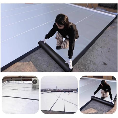 Rock Solid Asphalt Roof Repair Tape With Thick Aluminum Foil Waterproof Membrane applied on a flat roof by a person.