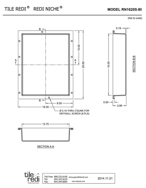 Technical drawing of Recessed Shower Niche With Built In Shelf Tile Ready Black Finish 20 Inches High By 16 Inches Wide