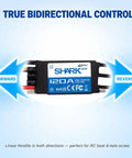 Shark G2 120A ESC With Built In Switching BEC 5V And 6V 8A Water Cooled Bidirectional Waterproof Brushless Speed Controller For RC Boats Marine Performance Beefy Reliability shown with forward and reverse labels