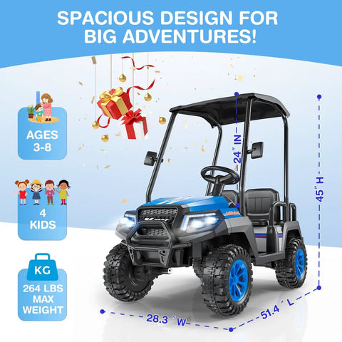 Big Kid Approved 24V Electric Ride On Car Crew Ready 4 Seater Kids Golf Cart with spacious design, measuring 51.4" L x 28.3" W x 45" H.