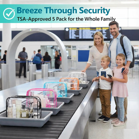 Family at airport security with TSA Approved Clear Toiletry Bags Set, 5 Pack In 5 Colors, on conveyor belt