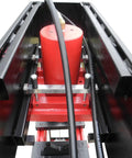 Close-up of 50 Ton Electric Hydraulic Shop Press With Adjustable Carriage Height And Carriage Winch, steel frame and gauge.