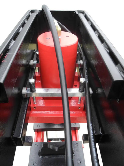 Close-up of 50 Ton Electric Hydraulic Shop Press With Adjustable Carriage Height And Carriage Winch, steel frame and gauge.