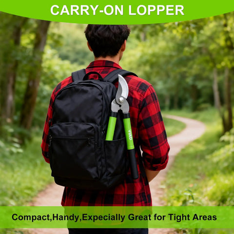 Person with backpack holding 15 Inch Loppers Set For Tree Trimming Bypass Pruners With Rust Resistant Steel Blades 1 Inch Cut Diameter