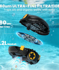 Cordless Robotic Pool Cleaner With Dual Motors for Above Ground and Inground Flat Bottom Pools, 180um filter and 2.2L basket displayed underwater.