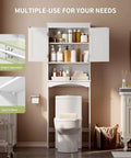 Premium Over The Toilet Storage Cabinet Featuring Adjustable Solid Wood Shelves And Deep Storage Bins For Rolls And Towels In A Sleek White Bathroom Organizer, displaying toiletries and towels above the toilet.