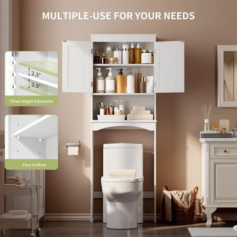 Premium Over The Toilet Storage Cabinet Featuring Adjustable Solid Wood Shelves And Deep Storage Bins For Rolls And Towels In A Sleek White Bathroom Organizer, displaying toiletries and towels above the toilet.