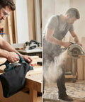 Workhorse Two Pack Miter Saw Dust Collection Bag With Roll Down Zipper Seal And Bendable Steel Wire Opening Universal Hook Up For Table Saws Belt Sanders And Planers Drop In Garage Setup in use with circular saw.