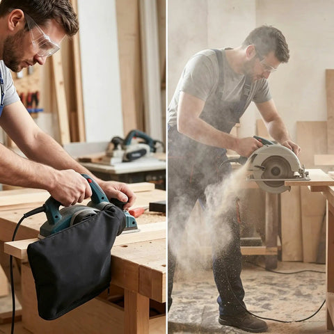 Workhorse Two Pack Miter Saw Dust Collection Bag With Roll Down Zipper Seal And Bendable Steel Wire Opening Universal Hook Up For Table Saws Belt Sanders And Planers Drop In Garage Setup in use with circular saw.