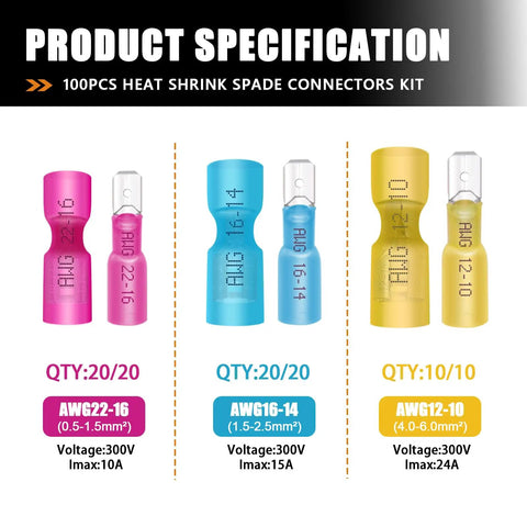 100Piece Heat Shrink Spade Connectors Kit With Crimping Tool For Electrical Projects Waterproof AWG 22 To 10 Spade Terminals