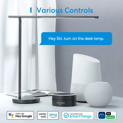 Sleek Metal Smart LED Desk Lamp With WiFi And Voice Control HomeKit Alexa and Google Home Compatibility, shown with smart speakers