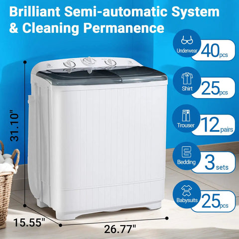 Compact Portable Twin Tub Washer Thirty Two Pounds Semi Auto Model showing dual basins and control dials for laundry use.