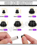 Must-Have Silicone Hole Plug Set With Fifty One Pieces In Six Sizes Eight Point Three Mm, Ten Mm, Fifteen Mm, Nineteen Mm, Twenty One Mm And Twenty Six Mm T Shaped Rubber Stoppers For Waterproof Snap On Bottle Seal Black shown with dimensions and hand holding plug.