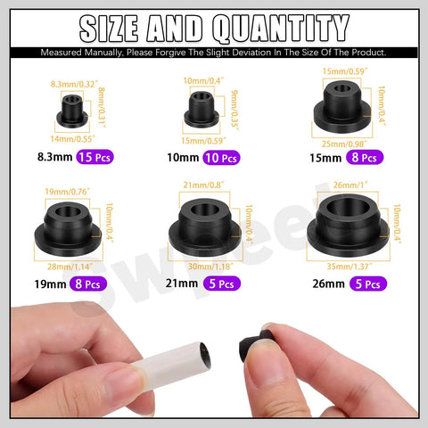Must-Have Silicone Hole Plug Set With Fifty One Pieces In Six Sizes Eight Point Three Mm, Ten Mm, Fifteen Mm, Nineteen Mm, Twenty One Mm And Twenty Six Mm T Shaped Rubber Stoppers For Waterproof Snap On Bottle Seal Black shown with dimensions and hand holding plug.