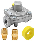 Gas pressure regulator with 1/2 in NPT ports, two brass adapters, and yellow seal, front view.