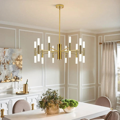 Lit Modern 20 Light LED Sputnik Chandelier With Acrylic White Shades Gold Finish Mid Century Pendant Light for dining room.