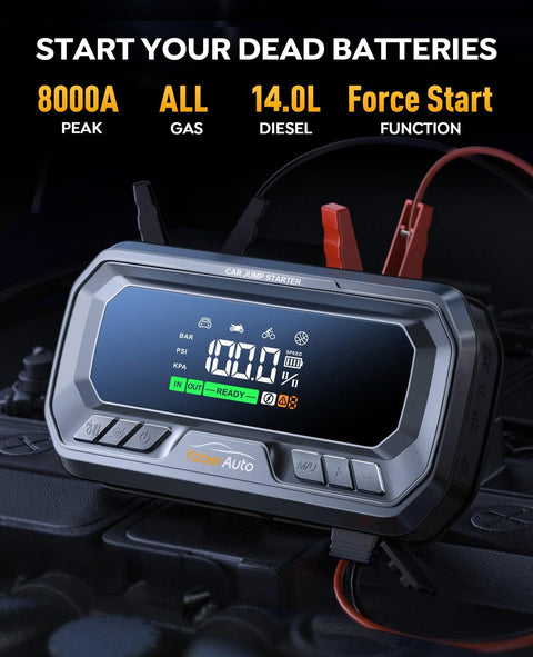 12 In 1 Jump Starter With Air Compressor 8000A Peak 160 PSI Tire Inflator 65W Fast Charge Portable Car Battery Booster display
