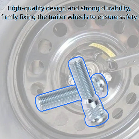 12 Set Trailer Wheel Studs With Nuts For Lippert Axles 3500 To 4400 Lb, 1/2-20 UNF Thread, highlighted in front of trailer wheel