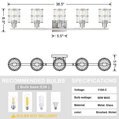 Five Light Bathroom Vanity Light Fixtures With Clear Glass Shades And Brushed Nickel Finish dimensions and specifications.