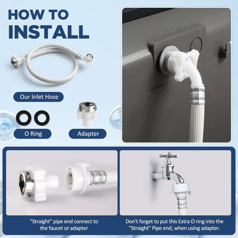 Installation guide for Heavy Duty Portable Washing Machine With Self Draining Pump with inlet hose, adapter, and O-ring details.