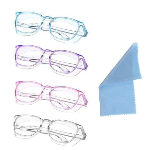 Four Pack Clear Safety Glasses Anti Fog Nursing Goggles Anti Scratch Square Protective Eyewear With No Sweat Side Shields And Cleaning Cloth For Women Men Lab Work And Everyday Use, with cleaning cloth