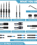 22-Piece Countersink Drill Bit Set With Quarter Inch Hex Shank, Tapered Countersinks, Wood Plug Cutters shown on packaging