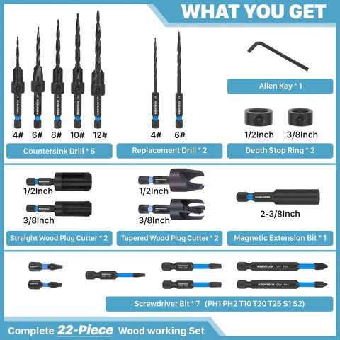 22-Piece Countersink Drill Bit Set With Quarter Inch Hex Shank, Tapered Countersinks, Wood Plug Cutters shown on packaging