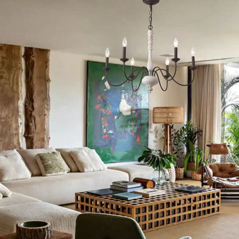 Six Light Farmhouse Chandelier With Dope Vintage Candle Design Rustic Industrial Pendant Lighting In White And Dark Brown For Dining Room Living Room Kitchen Island Foyer And Bedroom in living room setting