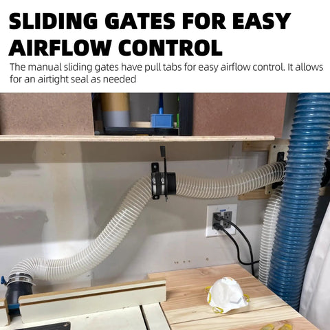 Four Inch Blast Gates For Dust Collection Systems with sliding gate and flexible hose setup