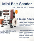 Rugged Mini Belt Sander And Auto Knife Sharpener Buffer Gear With Badass 150 Watt Copper Motor and Smooth Seven Speed Forward Reverse Switch for Wood Metal Acrylic Carving and Home Workshop Renovation shown with adjustable speeds.