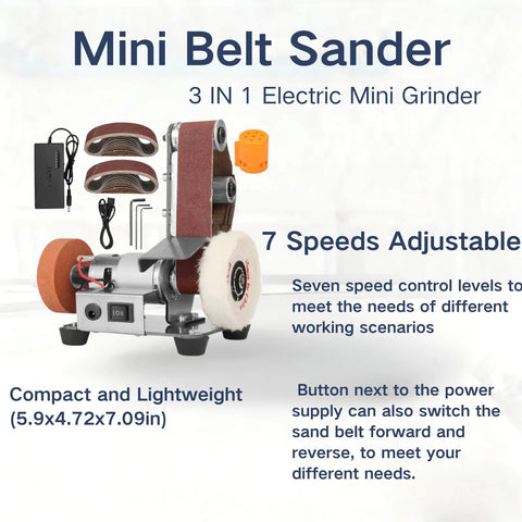 Rugged Mini Belt Sander And Auto Knife Sharpener Buffer Gear With Badass 150 Watt Copper Motor and Smooth Seven Speed Forward Reverse Switch for Wood Metal Acrylic Carving and Home Workshop Renovation shown with adjustable speeds.