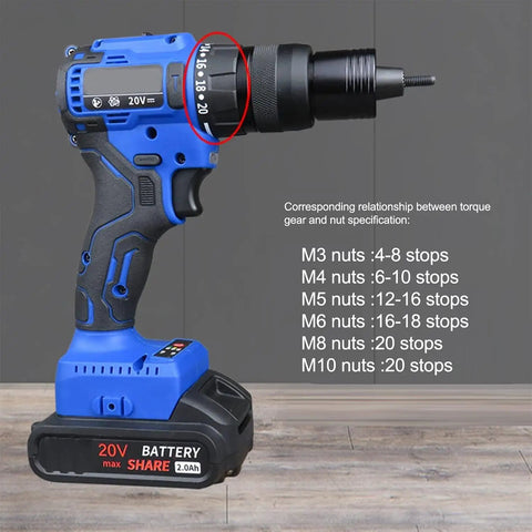 Heavy Duty 20V Cordless Rivet Gun With Brushless Motor And 4000mAh Battery for nut size guidance and torque settings on a blue tool.